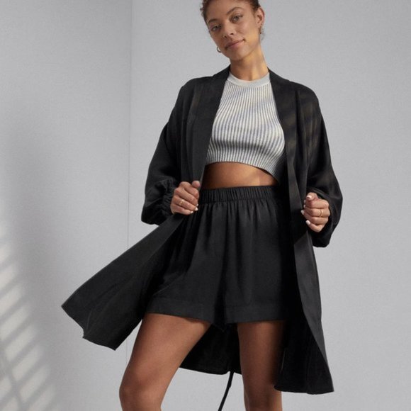 Lunya Washable Silk Robe L/XL Black Eclipse Self Tie Belt Pockets Hypoallergenic - Picture 2 of 11